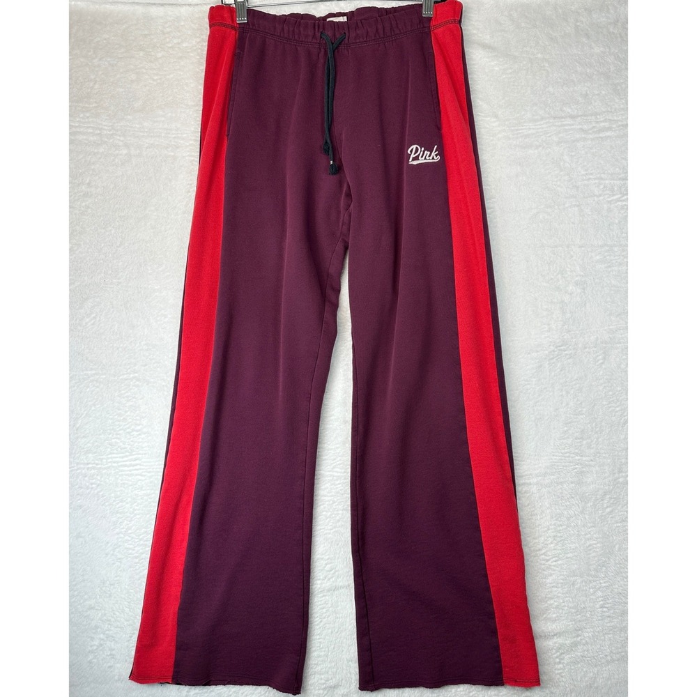 Pink Victoria's Secret Y2K Sweatpants Women Small Burgundy Colorblock Wide Leg